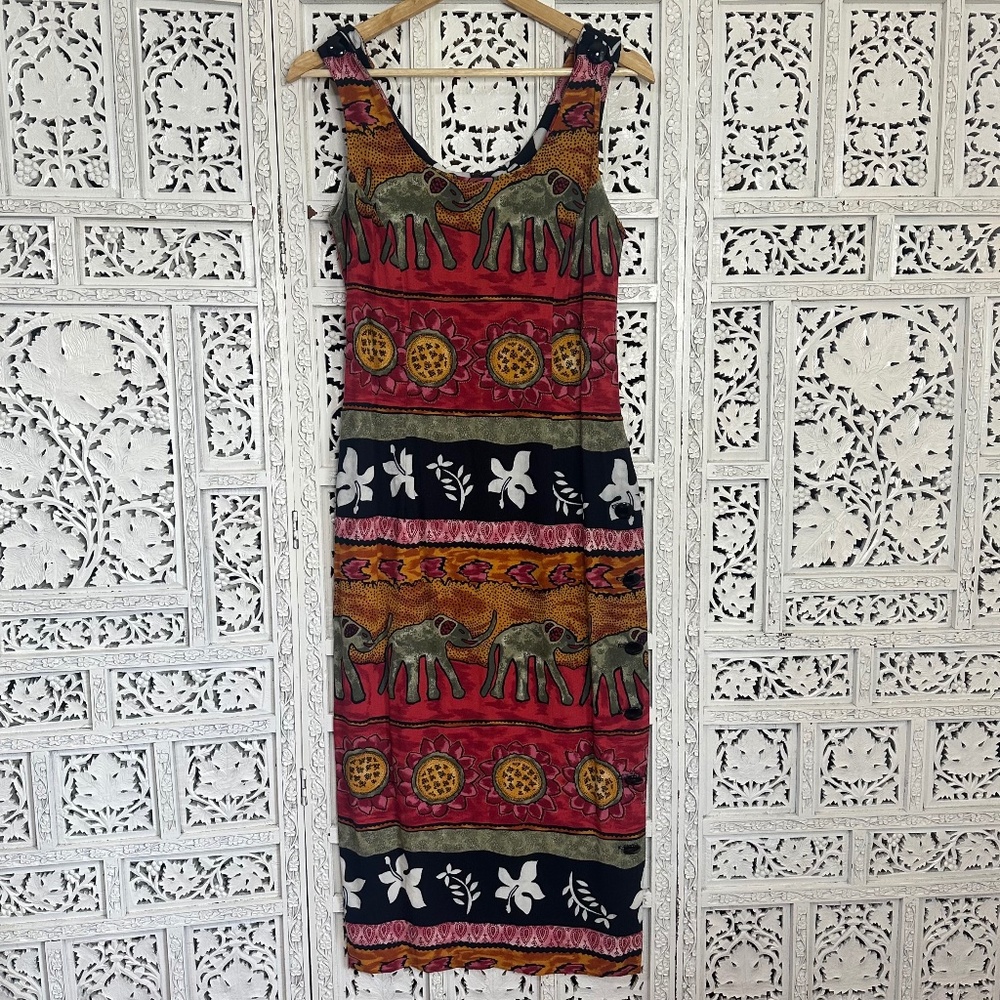 Vintage WNY Safari Tribal Aztec Animal Print‎ Sleeveless Midi Dress Sz Medium